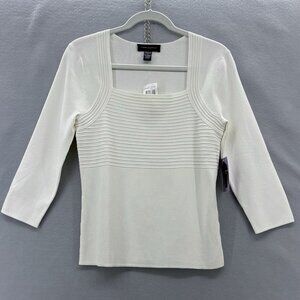 Cable & Gauge Cream Tight‎ Knit Sweater, Square Neck&Ribbed Design SZ Medium NWT